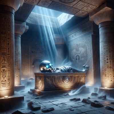 The primary subject of the image is a robot lying in a stone sarcophagus. The setting is a room with a stone wall and a stone floor. The visual style is digital art, and the colors and mood are dark and mysterious.